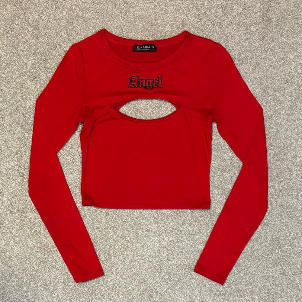 Liz & Sara Red “Angel” Cutout Long Sleeve Crop Top Size Small